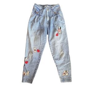 Traffic tween 9/10 high rise 90s jeans tapered Dalmatian puppy dog heart patches